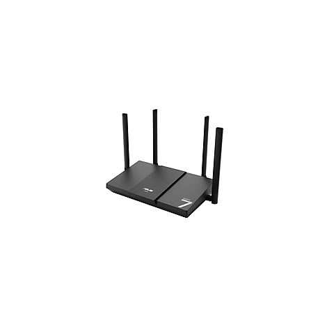 Schwarzer Router mit drei Antennen, die aufrecht stehen. Auf der Oberfläche ist das Logo und die Bezeichnung "7" zu sehen.