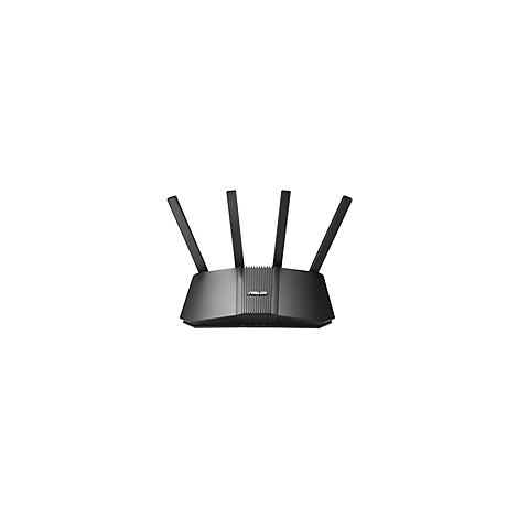Schwarzer Router mit vier Antennen, auf weißem Hintergrund.