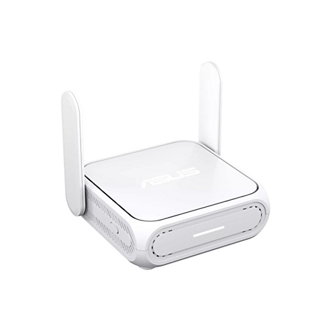 Ein kompakter, weißer ASUS WLAN-Router mit zwei Antennen vor weißem Hintergrund.