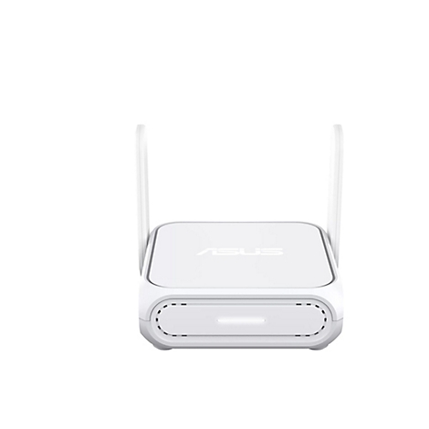 Weißer Asus-WLAN-Router mit zwei seitlichen Antennen vor weißem Hintergrund.