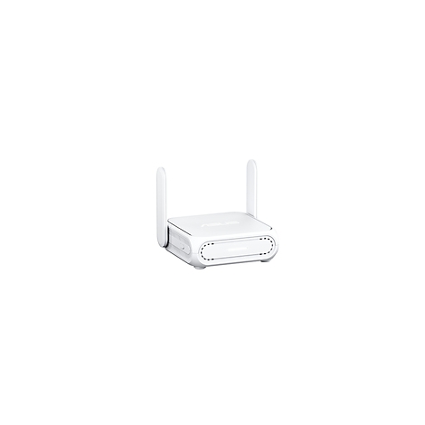 Weißer Router mit zwei Antennen. Er steht auf einer weißen Oberfläche.