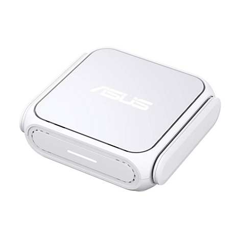 Kompakter weißer ASUS Router mit glatter Oberfläche und abgerundeten Kanten vor weißem Hintergrund.