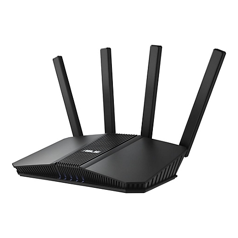 Schwarzer Router mit vier Antennen, auf weißem Hintergrund.