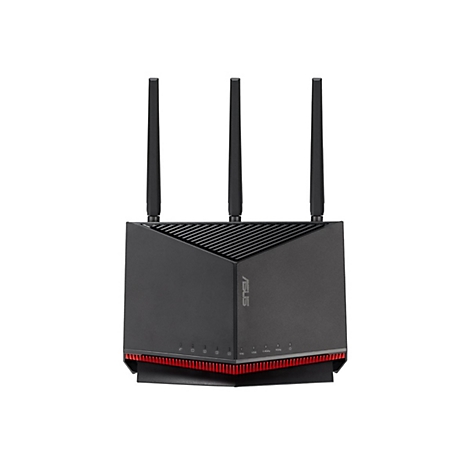 Schwarzer ASUS-Router mit drei Antennen, rotem Akzent und Logos. Auf weißem Hintergrund.