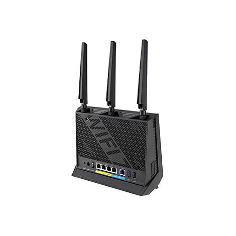 Schwarzer WLAN-Router mit drei Antennen, darunter ein WIFI-Schriftzug.