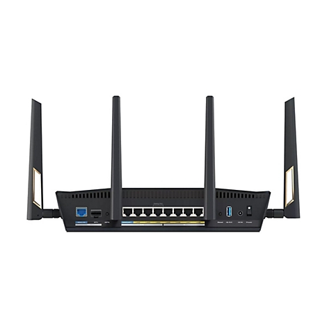 Schwarzer Router mit 6 Antennen und Anschlüssen wie LAN, USB. Vor weißem Hintergrund.