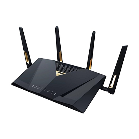 Schwarzer Router mit vier Antennen und goldenen Akzenten, ASUS Logo.