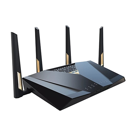 Schwarzer WLAN-Router mit vier Antennen, Goldakzenten und Anzeigeleuchten.