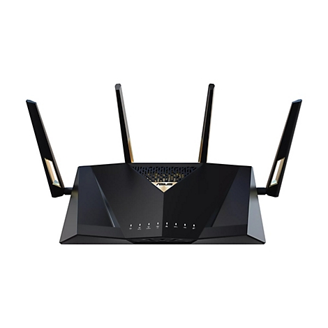 Schwarzer Router mit vier Antennen, auf weißem Hintergrund. Oberhalb des Routers befindet sich das ASUS-Logo.