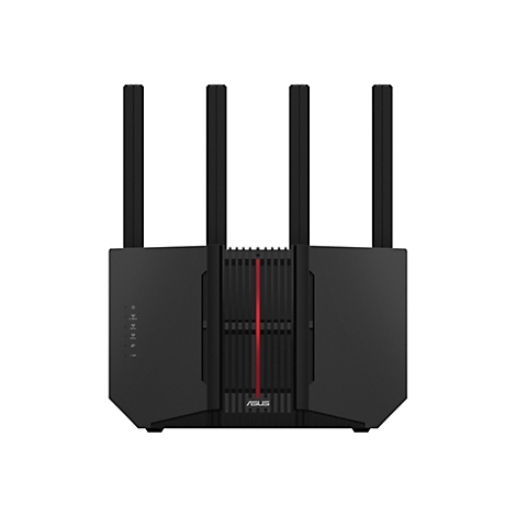Routeur wifi noir avec quatre antennes. Bande rouge au milieu. Logo ASUS.