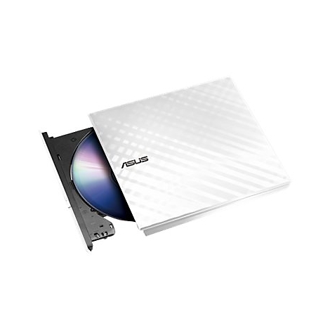 Weißes, quadratisches ASUS-CD-Laufwerk. Eine CD liegt im geöffneten Laufwerk. Auf der Oberseite befindet sich das ASUS-Logo.