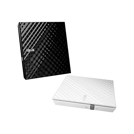 Zwei externe Festplatten von Asus, eine in Schwarz und eine in Weiß. Beide haben ein diagonal gestreiftes Muster und das Asus-Logo.