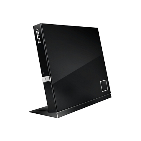 Schwarzer ASUS-Computer; glänzende Oberfläche. Das ASUS-Logo oben; silberne Akzente. Aufrecht stehend, auf einer Basis.