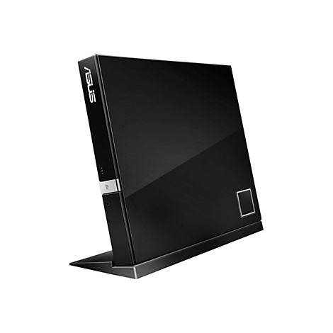 Schwarzer ASUS-Computer. Der Computer ist glänzend schwarz und steht aufrecht. Oben steht das ASUS-Logo.