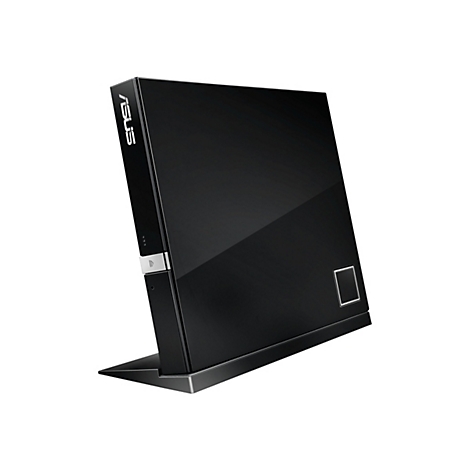 Schwarzer Computer, glänzend, mit ASUS-Logo. Auf weißem Hintergrund.