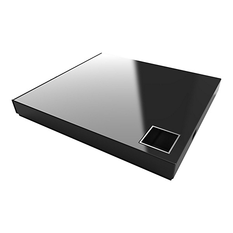 Schwarze, rechteckige Box mit glänzender Oberfläche. Ein eingelassener quadratischer Bereich mit silberfarbenem Rahmen.