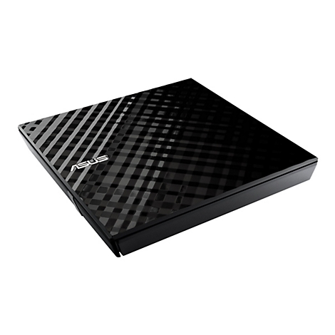 Lecteur DVD ASUS noir; surface brillante avec une structure diagonale. Le logo ASUS est visible.