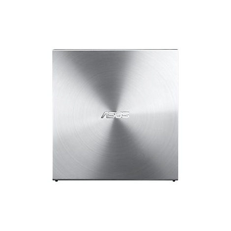 Silberne, kreisförmig gebürstete Oberfläche mit dem ASUS-Logo, auf weißem Hintergrund.