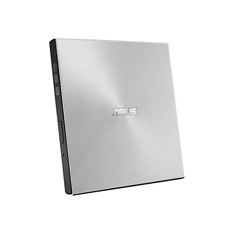 Silberner ASUS DVD-Brenner vor weißem Hintergrund. Oberflächenstruktur mit konzentrischen Kreisen. Auf der Seite stehen Logos und Schriftzüge.