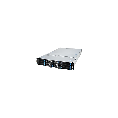 Ein grauer Server, Frontansicht, mit blauen Akzenten und Anschlüssen.