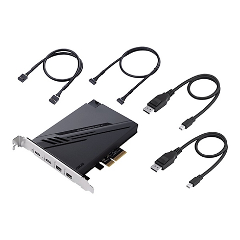 Asus ThunderboltEX 4 Erweiterungskarte mit zwei Kabeln und zwei DisplayPort-Adaptern vor weißem Hintergrund.