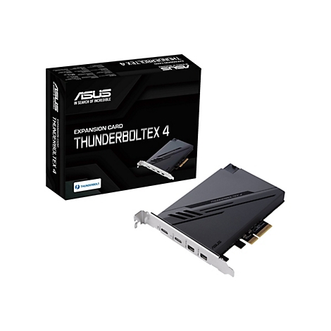 ASUS ThunderboltEX 4 Erweiterungskarte mit schwarzer Verpackung und schwarzer Steckkarte auf weißem Hintergrund.