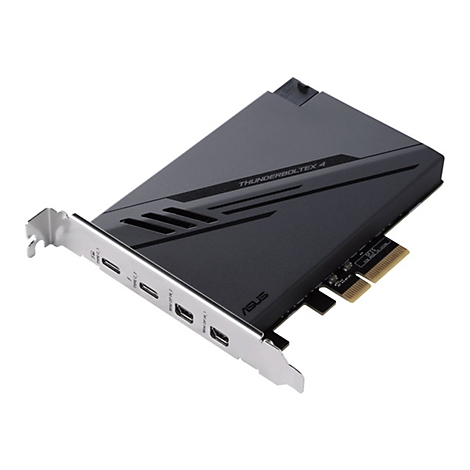 Schwarze ASUS ThunderboltEX 4 Erweiterungskarte mit Anschlüssen für USB-C und Mini DisplayPort vor weißem Hintergrund.