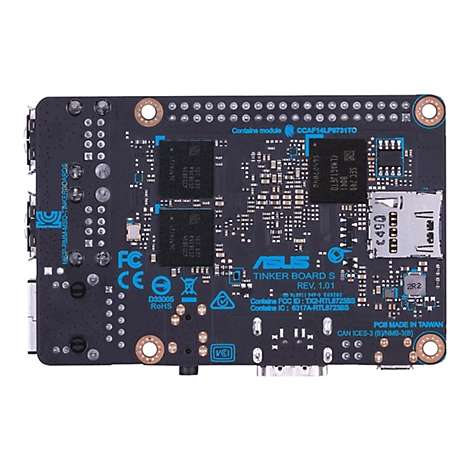 Schwarze Platine mit blauen Schriftzügen und silberfarbenen Komponenten. Das ASUS-Logo und die Beschriftung "Tinker Board S" sind deutlich zu erkennen.