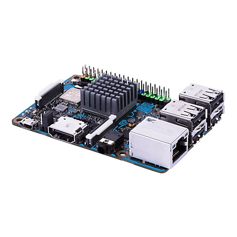 Eine blaue und schwarze Leiterplatte mit Kühlkörper, Anschlüssen und Steckern. Es ist ein Mikrocomputer.