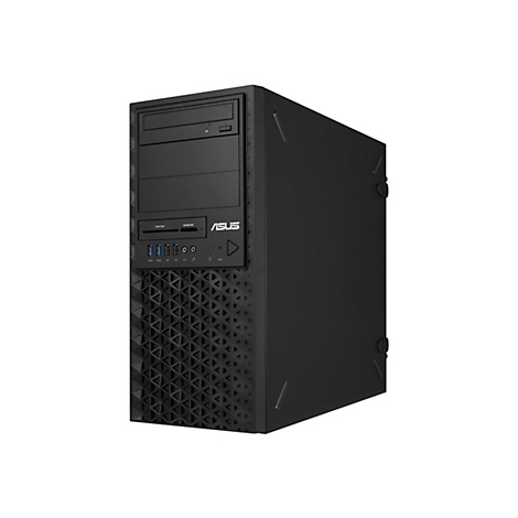 Schwarzer Asus Desktop-PC Tower mit Frontanschlüssen, Kartenleser und optischem Laufwerk auf weißem Grund.