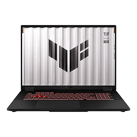 Schwarzer Laptop, Tastatur mit roter Beleuchtung. Auf dem Display graue Grafik mit TUF-Logo. ASUS Logo unterhalb.