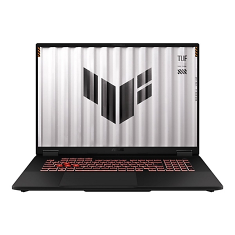 Schwarzes Asus TUF Gaming-Notebook mit beleuchteter Tastatur und markantem Logo auf dem Bildschirm.