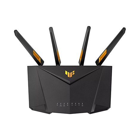 Schwarzer Router mit vier Antennen, gelben Akzenten und ASUS-Logo.