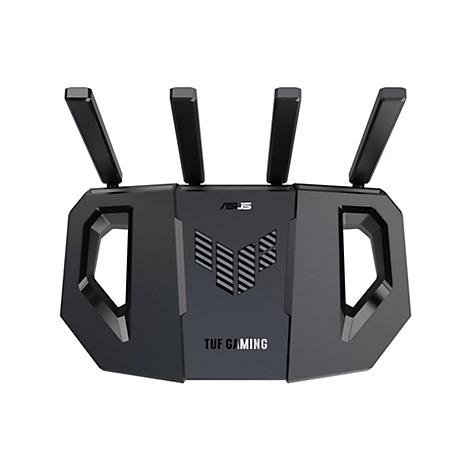 Schwarzer Router mit vier Antennen, ASUS-Logo und TUF GAMING Schriftzug.