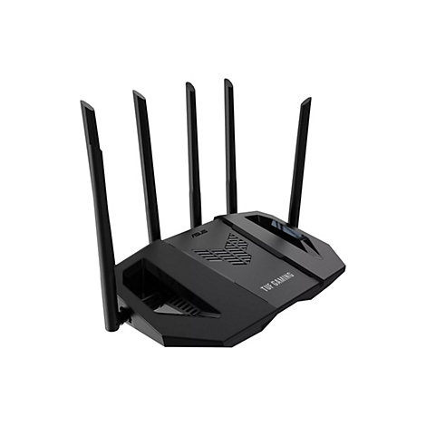 Schwarzer Router mit Antennen. Oben steht „ASUS“, darunter „TUF GAMING“.