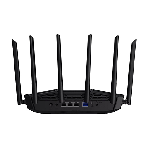 Routeur Wi-Fi noir avec sept antennes. L'arrière comporte des ports avec des étiquettes : Alimentation, LAN, WAN, USB.