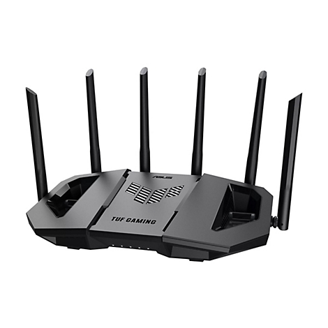 Grauer Router mit sechs Antennen. Auf der Oberseite ist "ASUS" und "TUF GAMING" zu sehen.