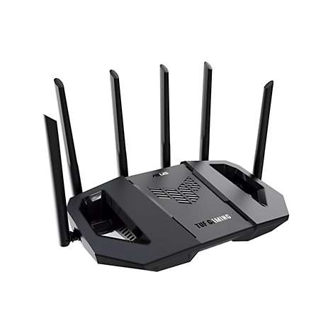 Schwarzer Router mit fünf Antennen. Auf der Oberseite steht ASUS und TUF GAMING.