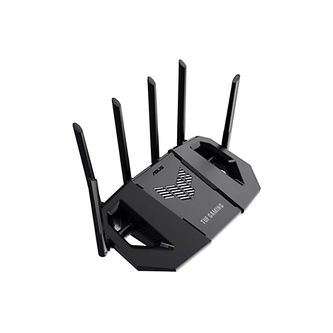 Schwarzer Router mit sechs Antennen, TUF GAMING Schriftzug. ASUS Logo und weißes Logo.