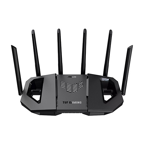 Schwarzer Router mit sechs Antennen. Aufschrift: ASUS TUF Gaming.