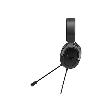 Schwarzes Gaming-Headset auf weißem Hintergrund, Mikrofon steht ab. Logo auf Ohrmuschel.