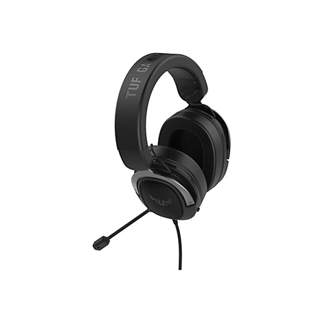 Schwarzes Gaming-Headset auf weißem Grund, mit Mikrofon und TUF GAMING Schriftzug.