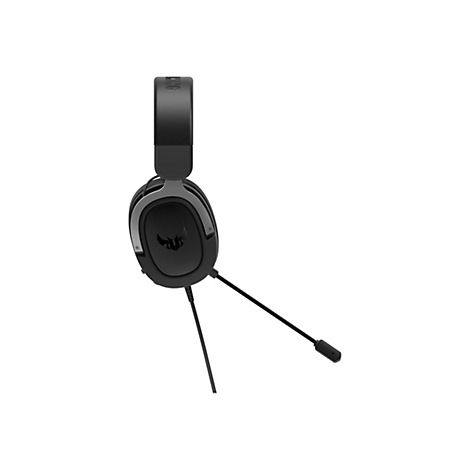 Schwarzes Gaming-Headset auf weißem Hintergrund, mit Mikrofon und Markenlogo.