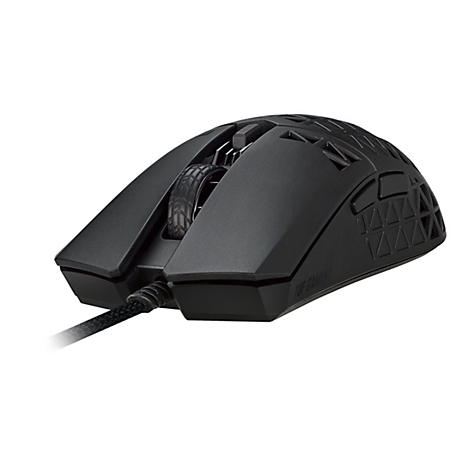 Schwarze Gaming-Maus mit geriffelter Scrollrad und geflochtenem Kabel, auf weißem Hintergrund.