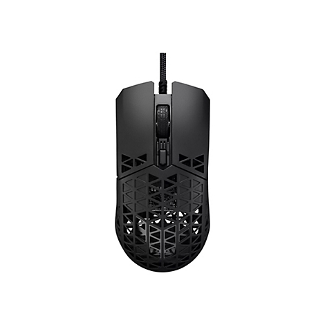 Schwarze, kabelgebundene Gaming-Maus mit Wabenmuster-Gehäuse vor weißem Hintergrund.