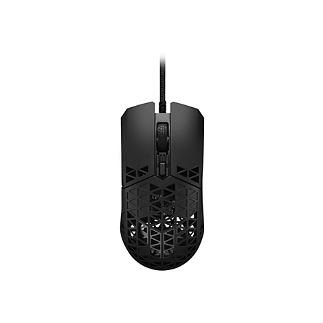 Schwarze Gaming-Maus, Draufsicht. Das Design ist kantig und durchbrochen, mit einem strukturierten Kabel.