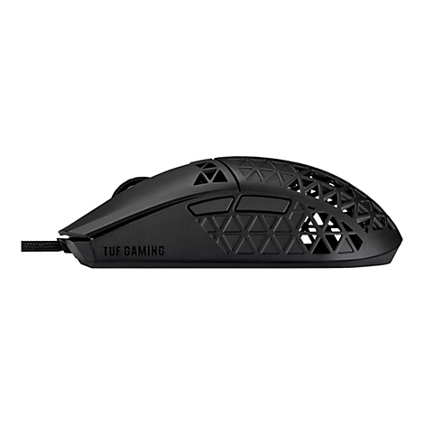 Schwarze TUF Gaming Maus mit perforierter Oberfläche in Seitenansicht vor weißem Hintergrund.