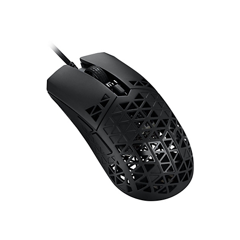 Schwarze Gaming-Maus mit Wabenmuster und Kabel, isoliert auf weißem Hintergrund.
