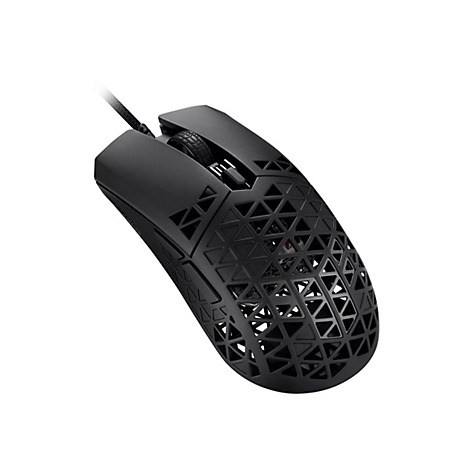Schwarze Gaming-Maus mit Wabenstruktur und Kabel vor weißem Hintergrund.