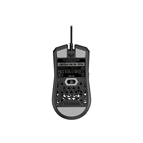 Draufsicht auf eine Gaming-Maus in Schwarz mit Lochmusterung. Das Kabel ist oben befestigt. Auf der Unterseite befinden sich Herstellerangaben.